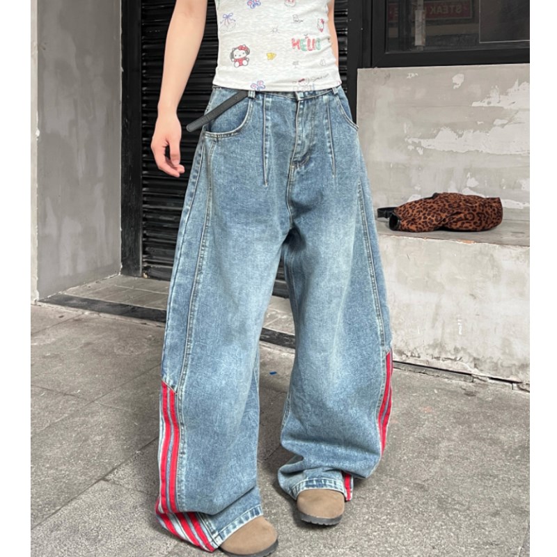 大码美式复古直筒牛仔裤女夏季2025新款拼接条纹宽松弯刀阔腿长裤