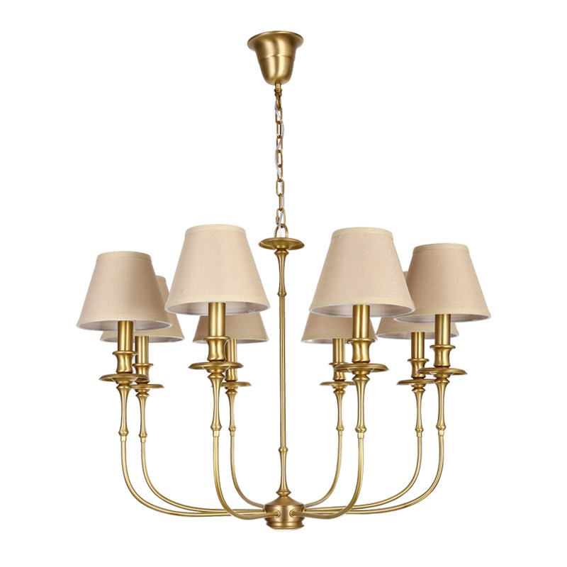 现代美式客厅铜吊灯 美式乡村复古卧室8头布罩吊灯 全铜吊灯