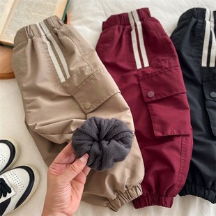 秋冬新款中小童加绒工装裤男女童加厚保暖长裤宝宝大口袋束脚裤潮