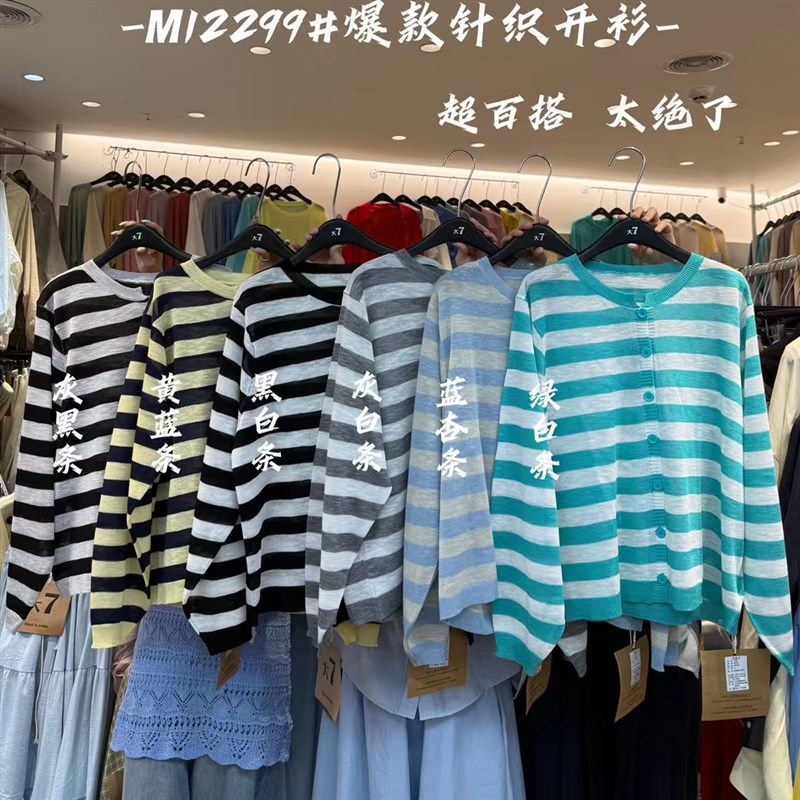 大7女装12299夏韩版宽松大码胖mm休闲慵懒风薄款针织条纹防晒外套
