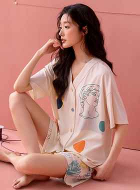 带胸垫睡衣女夏季纯棉短袖薄款宽松开衫vL领家居服可出门休闲夏装