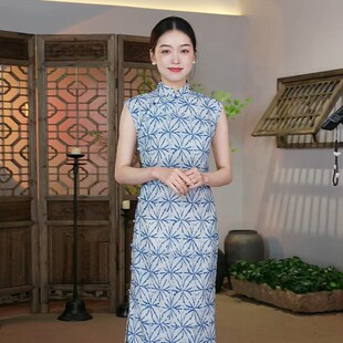 良辰媄锦【净染】2025夏季新款素雅日常可穿古法全开襟蓝色旗袍女