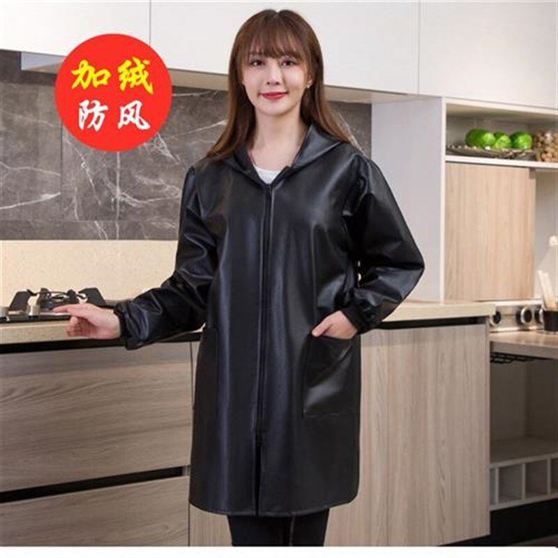 羽绒服罩衣防水PU皮罩衣加绒加厚大人女长袖家用厨房男围裙工作服