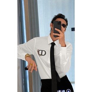 龙叨叨秋季新款潮流字母花卉刺绣衬衫简约休闲黑白纯色宽松衬衣男