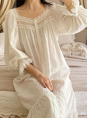 纯棉长袖睡裙女春秋甜美法式宫廷睡E衣女夏公主风长裙长款白色家