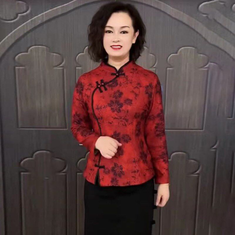 2023秋冬加绒旗袍衫中老年妈妈长袖盘扣体恤民族风弹力保暖打底衫