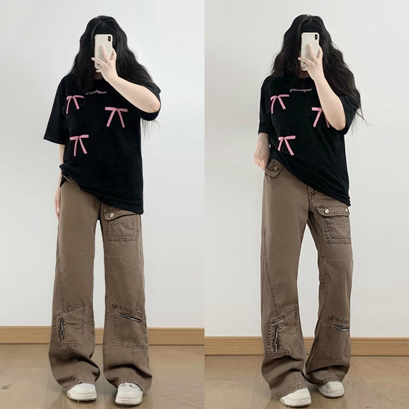 300斤大码胖mm美拉德穿搭弹力微喇牛仔裤女美式街头多口袋工装裤