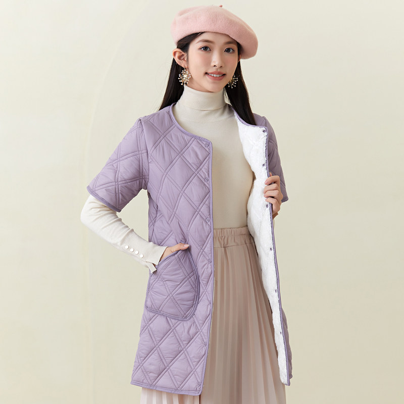 秋冬羽绒棉坎肩半袖棉马甲女中长版轻薄保暖背心棉服内穿短袖护肩