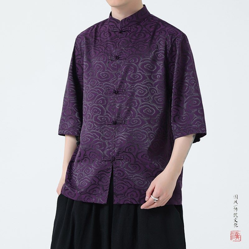 冰丝唐装男短袖夏季薄款中国风男装复古风宽松大码新中式国潮衬衫,男装,衬衫,淘宝优惠券,粉丝福利购,淘宝优惠卷