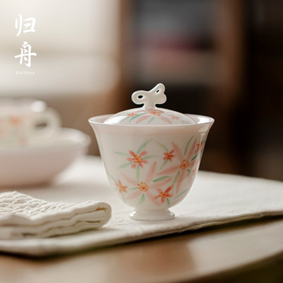 归舟手绘花影缤纷蝶语盖碗家用二才泡茶碗高档釉下彩陶瓷功夫茶具