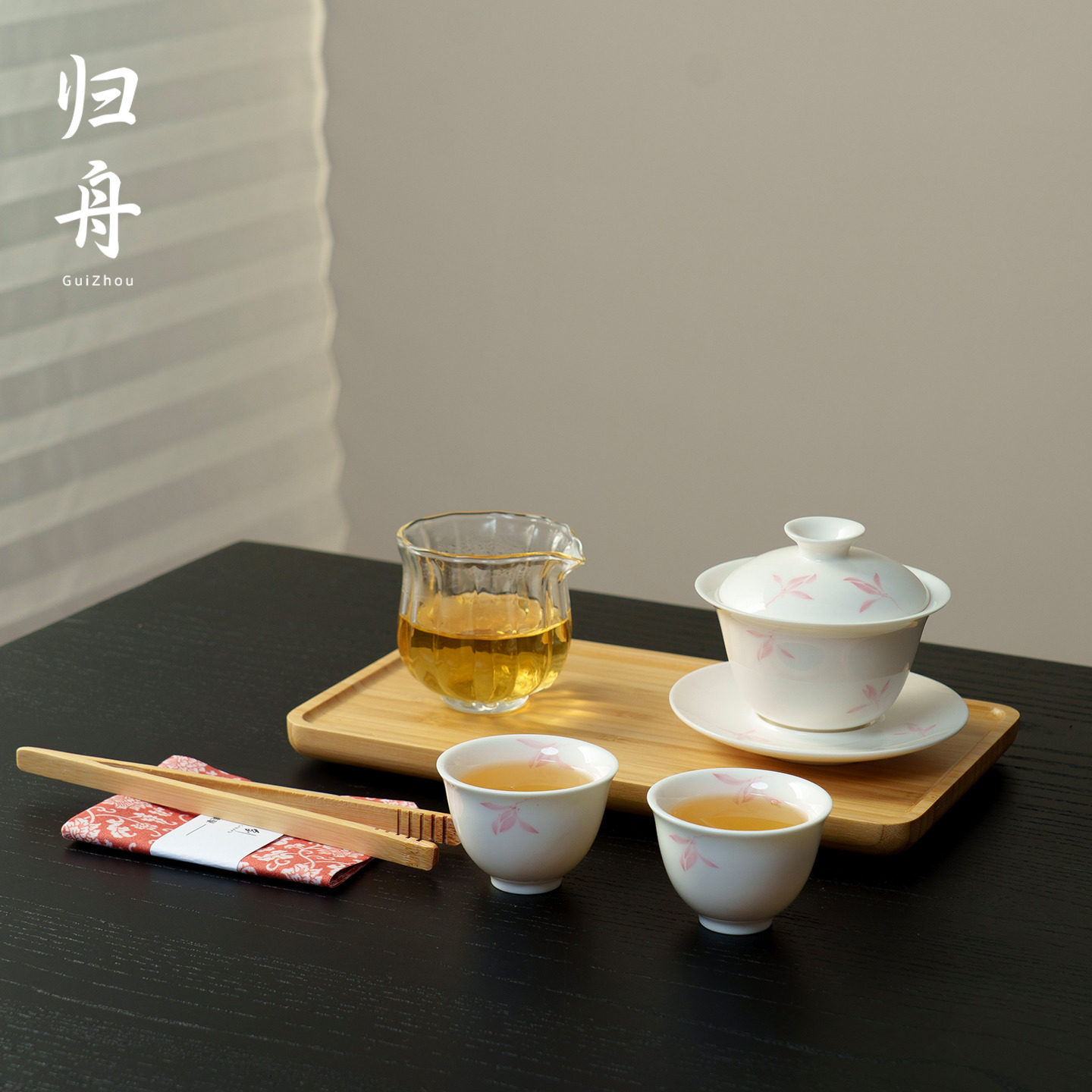 归舟手绘三才盖碗茶杯陶瓷秋水兰功夫茶具