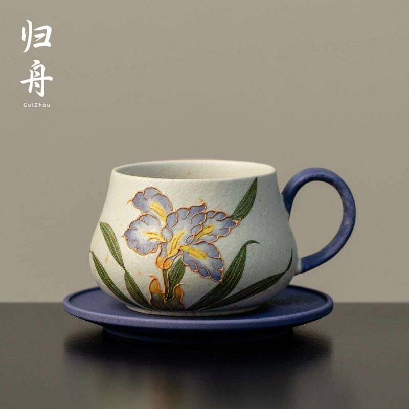 陶瓷马克杯超好看独特漂亮杯子家用喝水杯手绘黛紫鸢华办公手把杯