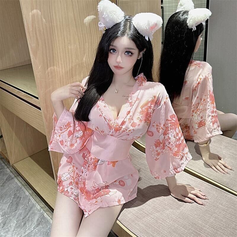炽热低胸性感花色蝴蝶结喇叭袖修身显瘦和服睡衣一片式家居服浴袍