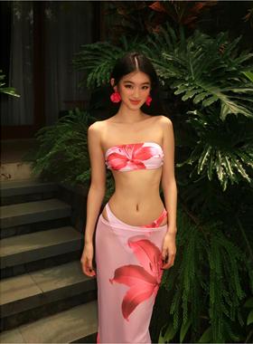 WHIMSY·粉色海边度假风花朵印花性感比基尼三件套