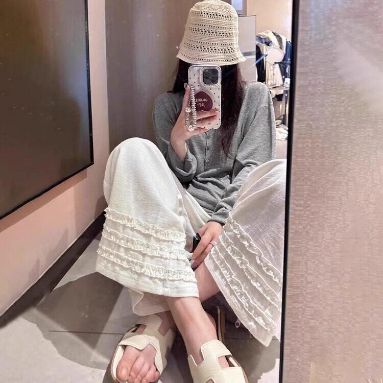 白色苧麻木耳边直筒休闲裤女
