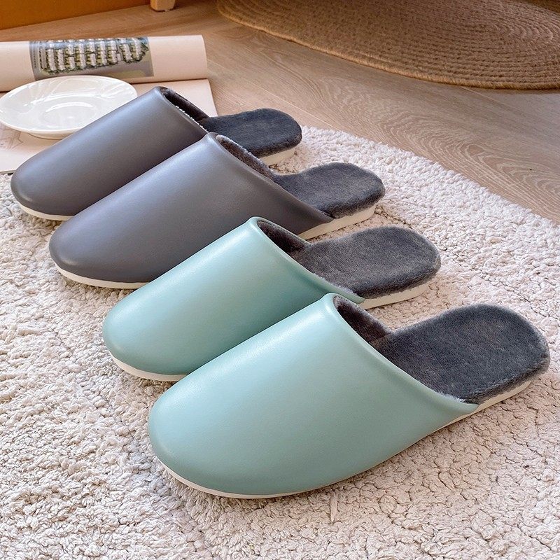 秋冬季居家用防滑PU皮面棉拖鞋女防水毛绒厚底室内情侣保暖男软底