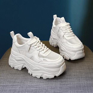 8cm真皮厚底老爹鞋女2024新款夏季透气网面休闲女款小个子增高鞋