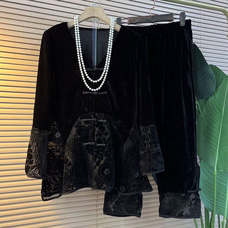 国风早秋套装新款大码女装丝绒拼接上衣新中式显瘦百搭裤子两件套