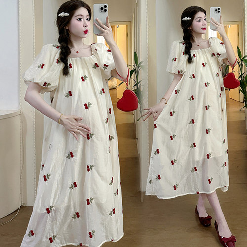 孕妇连衣裙夏款2025洋气甜美孕妇装宽松雪纺刺绣中长款夏天裙子女
