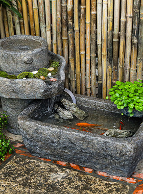 户外假山流水喷泉石槽造景摆件日式庭院水池景观阳台小院石磨鱼池