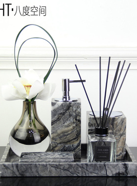 样板房售楼部洗手台大理石托盘洗手液瓶浴室柜化妆品香熏花艺摆件