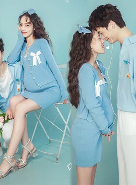 影楼私房孕妇拍照服装新款小清新个人写真艺术照蓝色套装摄影服饰