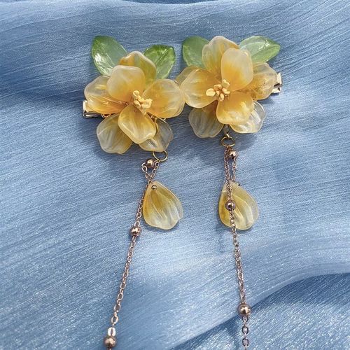 古风发饰超仙流苏对夹黄色琉璃花朵马面裙拍照超好看明制汉服头饰