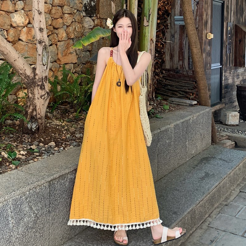 大码女装夏季新款胖mm流苏吊带连衣裙高级感宽松遮肉减龄气质长裙