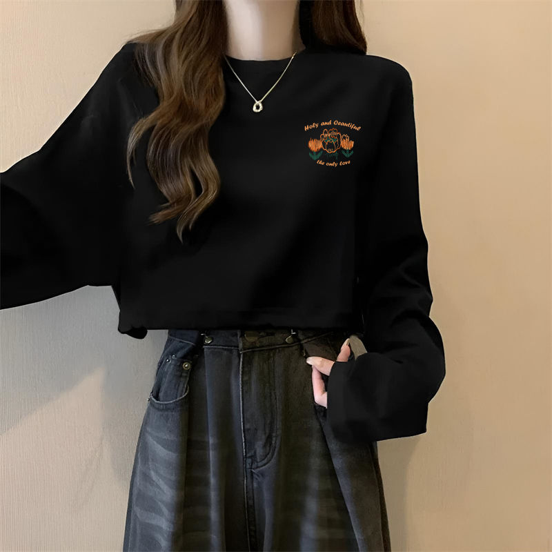 美式复古长袖t恤女春秋季设计感小众宽松显瘦百搭辣妹短款上衣潮