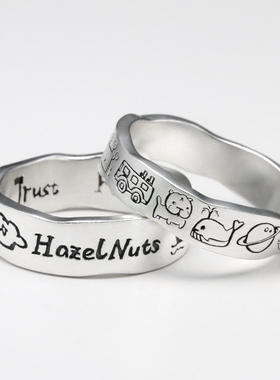 手工DIY戒指订制涂鸦999纯银情侣款一对戒定制图案男女友生日礼物