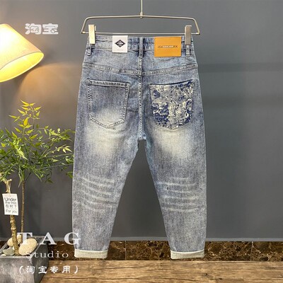 2025年高端刺绣牛仔裤男春季新款潮牌破洞补丁弹力修身小脚九分裤