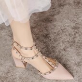 女鞋 铆钉包头凉鞋 34一42 尖头高跟单鞋 大码 女外穿粗跟2024夏季 新款