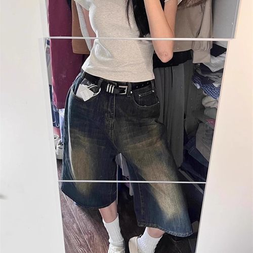 美式复古水洗做旧七分牛仔裤女阔腿短裤夏季新款宽松垂感直筒中裤