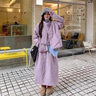 韩系休闲棉服套装 女秋冬保暖加厚棉衣外套半身裙一整套紫色穿搭