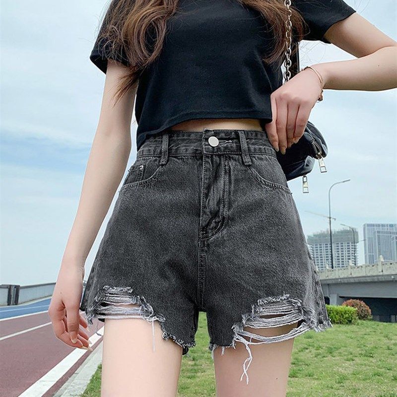 不规则牛仔破洞毛边短裤女夏季高腰显瘦韩版宽松a字网红阔腿热裤