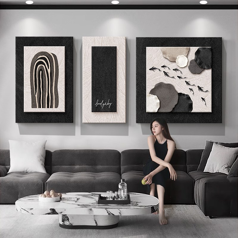 黑白极简沙发背景墙装饰画九鱼图抽象客厅挂画轻奢高级感三联壁画