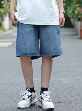 ZC美式复古蓝色抽绳牛仔短裤男夏季2025新款宽松直筒水洗五分裤潮