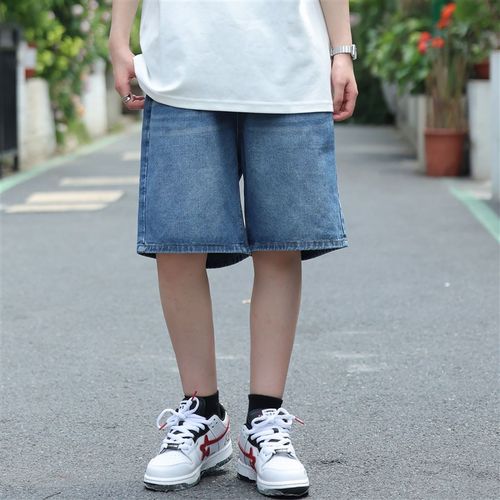 ZC美式复古蓝色抽绳牛仔短裤男夏季2025新款宽松直筒水洗五分裤潮