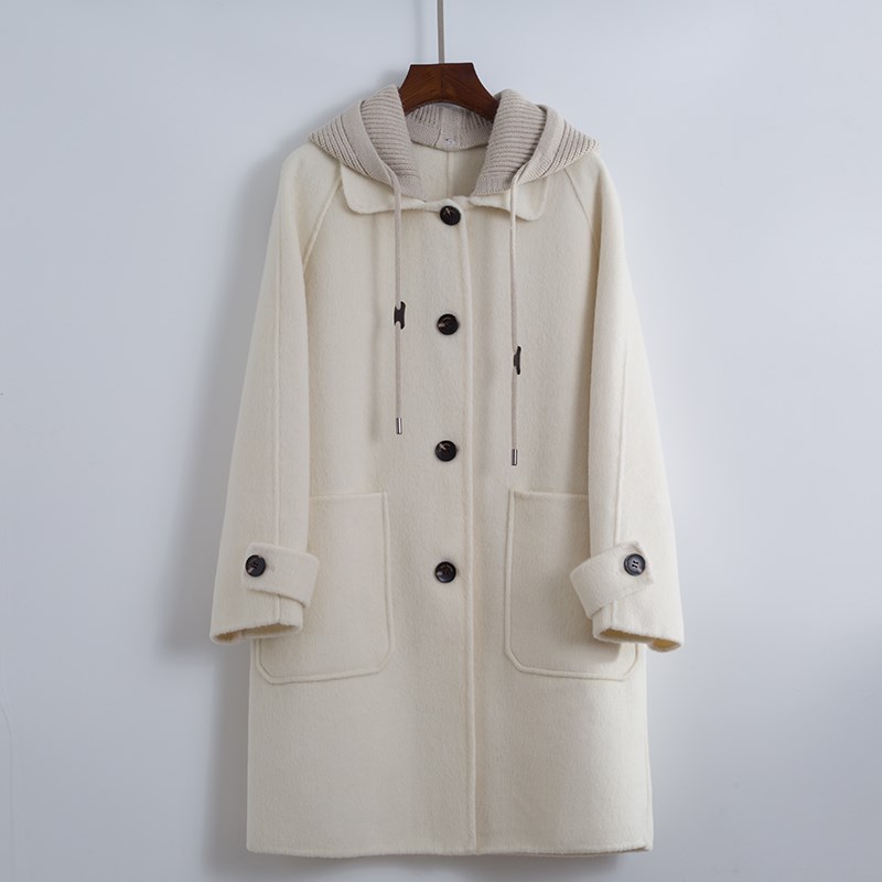 今年流行连帽双面绒大衣女中长款小个子针织带帽2024新款羊毛外套