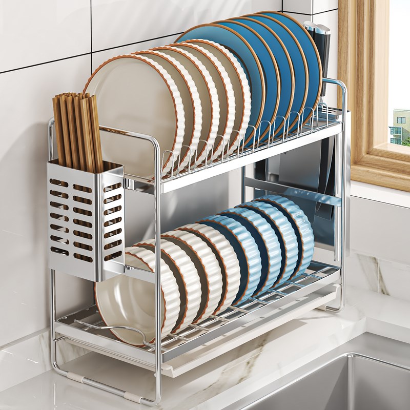 碗架沥水架304不锈钢窄款碗碟厨房置物架双层橱柜碗盘收纳免安装