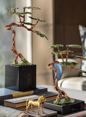 新中式迎客松树摆件客厅办公室玄关博古架禅意轻奢水晶装饰品礼品