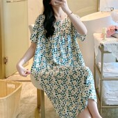 2025年新款 女士连衣裙绵绸睡 大码 棉绸睡裙人造绵夏天B长款 春秋季