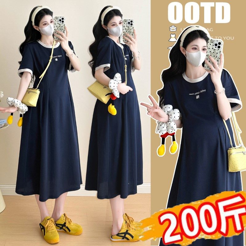 大码孕妇连衣裙女夏季2025新款短袖T恤裙休闲宽松遮孕肚潮妈200斤