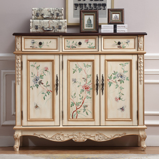 柜家用进门门口实木美式 大容量田园门厅玄关柜X彩绘储物柜 鞋 欧式