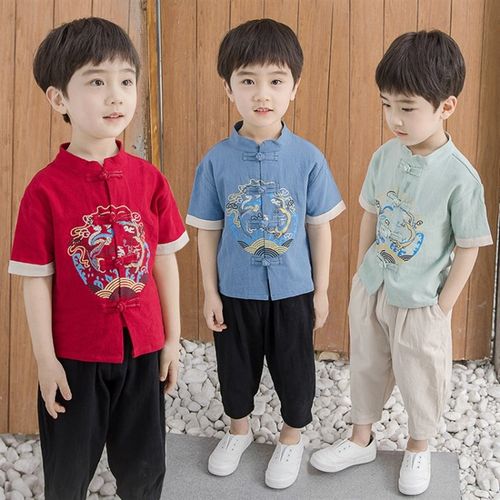 儿童唐装男童汉服中国风童装夏季棉麻短袖小男孩套装复古装国学服