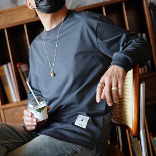 潮流纯棉圆领打底衫 T恤男早秋新款 上衣 轻奢简约贴布开衩长袖 美式
