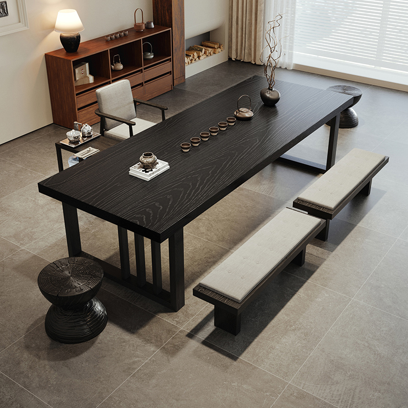 侘寂风实木茶台茶桌椅组合客厅办公室高端碳黑原木功夫大板茶桌