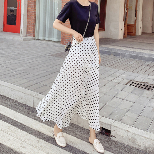 波点半身裙2021夏季 高腰雪纺大摆长裙复古显瘦优雅A字裙夏天 新款
