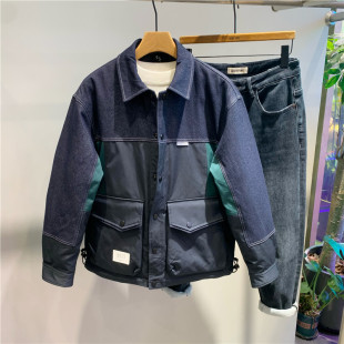 单目冬季新款男拼接设计工装牛仔羽绒服男日系翻领撞色90绒外套潮