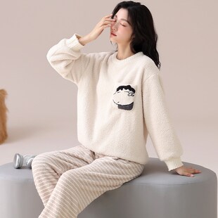 睡衣女款秋冬季半边绒加绒加厚冬款2025L新款高级感奶白家居服冬